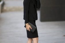06 nude heels, a black dress, a black jacket on top, a black clutch