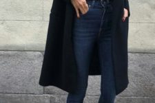 08 navy skinnies, a black turtleneck, a black coat and heels for a fall look