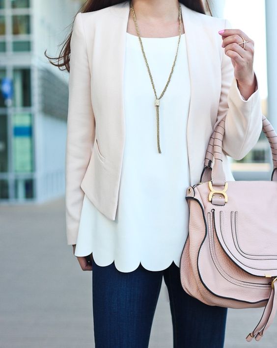 navy jeans, a white scallop edge top, a blush blazer and a pink bag for a girlish feel