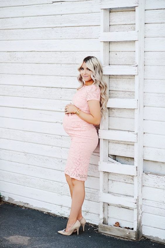 a pink lace knee dress and nude pumps is all you need for a cool look