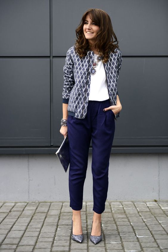 navy cropped pants, a white top, a printed blue blazer and printed heels for a bold work outfit