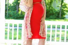 14 a red dress with a chain belt, a floral kimono and metallic heels for a gorgeous look