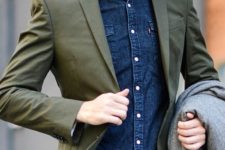 16 jeans and a denim shirt, an olive green blazer for a relaxed day