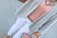 16 white jeans, a dusty pink top, matching shoes and a bag, a grey cable knit cardigan