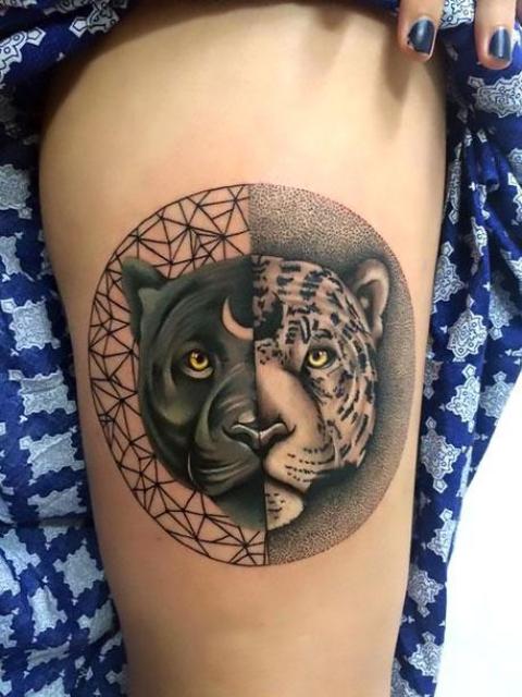 Amazing panther and leopard tattoo on the leg