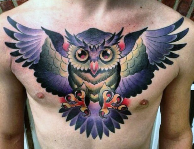 Awesome purple, red, green and yellow owl tattoo