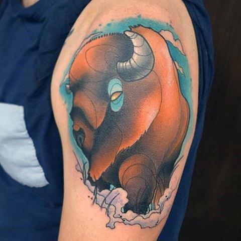 White buffalo tattoo with water color morning glories by Courtney Lorae  Partypants at Awesome Tattoo in Hartford ct | Animal tattoos, Buffalo tattoo,  Dog tattoos