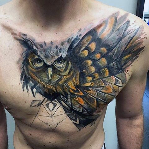 Beautiful owl tattoo on the chest
