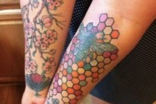 Bee and honeycombs tattoo on the arm