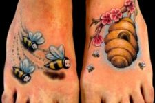 Bees and hive tattoos on the both feet