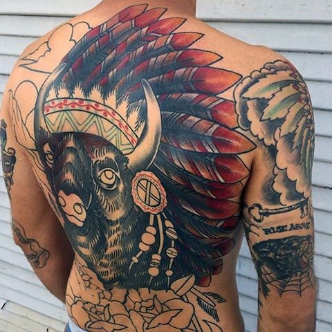 Big indian bison tattoo on the back