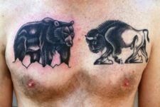 Bison and bear tattoos on the chest