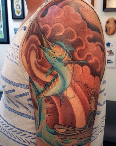 Colorful half-sleeve fishing tattoo