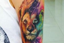 Colorful half-sleeve lion tattoo