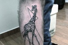Giraffe with geometric lines tattoo on the leg