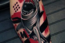 Gray shark with black and red background tattoo