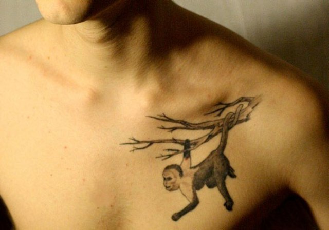 Monkey and tree tattoo on the chest