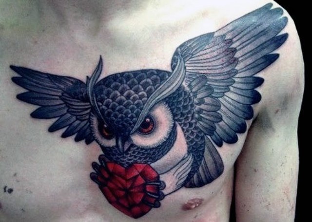 Owl and red heart tattoo
