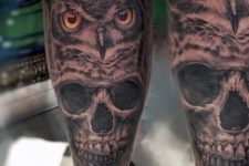 Owl and scull tattoos on the legs