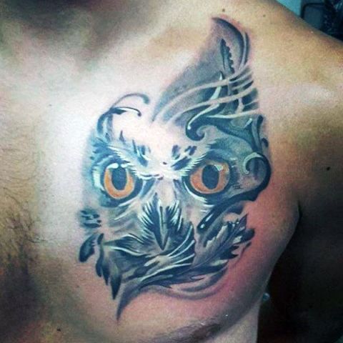 Owl face tattoo on the chest