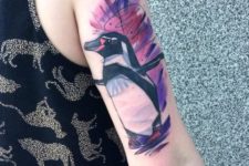 Penguin and purple and pink background tattoo