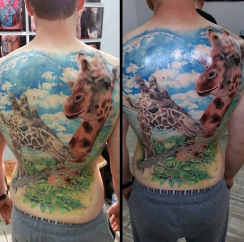 Two giraffes tattoo on the back