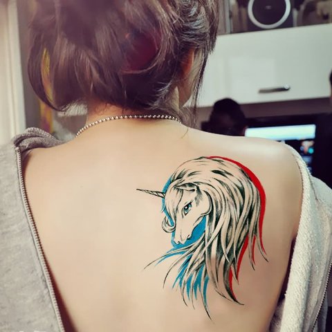 Unicorn head tattoo on the red and blue background