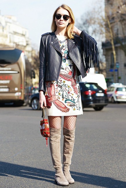 With printed dress, leather jacket and over the knee boots