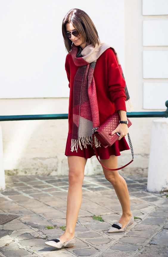 a red comfy dress with long sleeves, neutral flats and a scarf for comfort and warmth