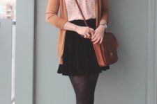 02 black pointed toe boots, black tights, a blush top, a black velvet skirt and a long cardigan