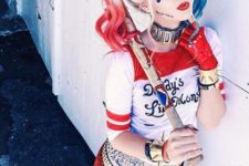 02 sexy and colorful Harley Quinn costume with red and blue glitter shorts, net tights, a bold top and hair dying