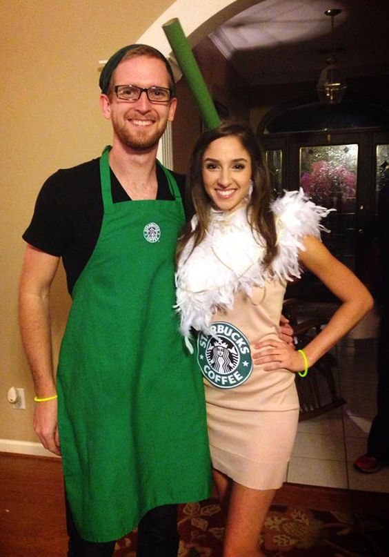a couple dressed as a barista and a frappuccino - a great last minute costume idea