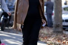 04 a black maxi dress, a cognac colored leather jacket and black Converse for a chic feminine look