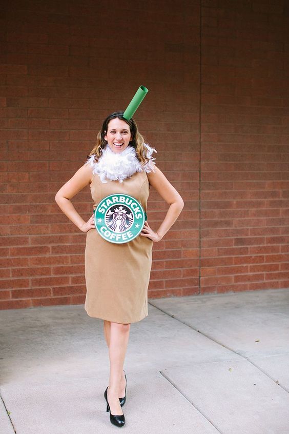 a cool Starbucks coffee look made with a neutral dress and a cardboard belt