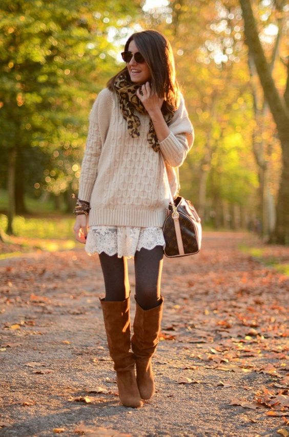 a white lace dress, a neutral sweater, grey tights, amber boots and a leopard scarf