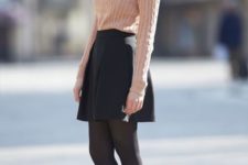 05 a blush sweater over a white shirt, a black skirt, black tights and boots