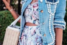 06 a floral two piece dress, a light blue denim jacket with pearls for a girlish look