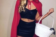 08 Little Red Riding Hood with a black top, a black mini skirt, black stockings, a red hood