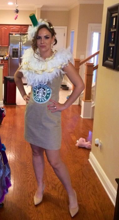 a white feather boa becomes whipped cream in this simple frappuccino costume