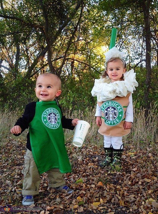 a children's duo in Starbucks costumes - a barista and a frappuccino