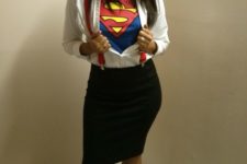 11 Superman Incognito costume with a black pencil skirt, red suspenders, a Superman shirt and black shoes