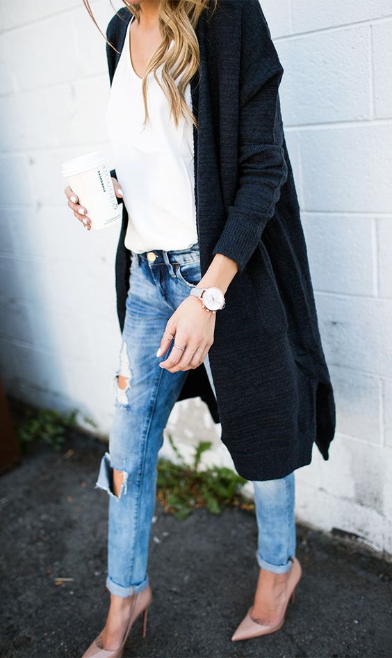 blush heels, ripped denim, a white top and a black cardigan for a comfy look