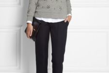 13 cropped navy pants, grey suede shoes, a white shirt and a grey embellished sweater for work