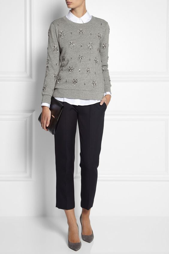 cropped navy pants, grey suede shoes, a white shirt and a grey embellished sweater for work