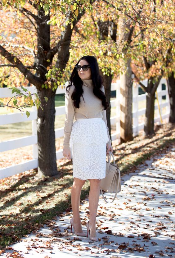 a white lace pencil skirt, a neutral cowl neck sweater, nude heels and a bag