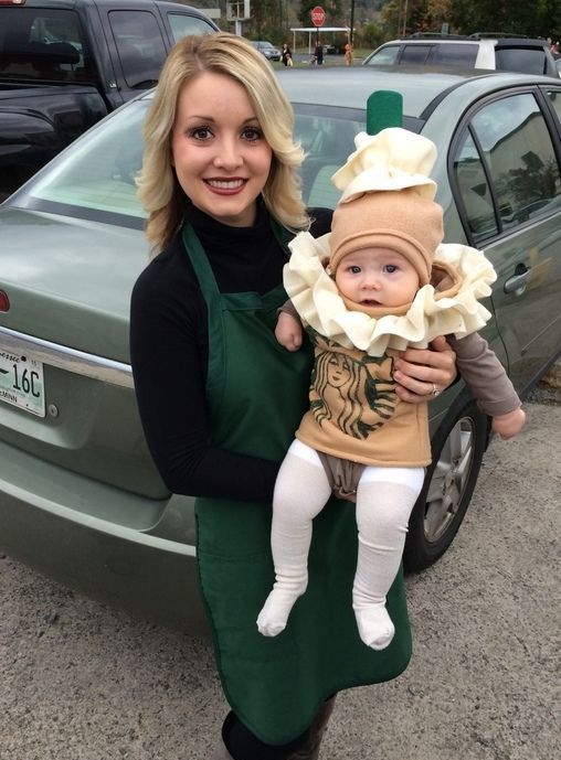 Starbucks barista and a frappuccino is a perfect idea for a mom and her baby
