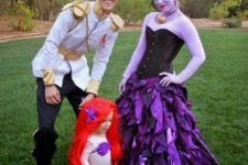 a Little Mermaid costume for the girl ,a Disney Prince sotume for the dad and a a scary lady costume for the mom