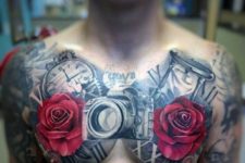 Camera with two red roses tattoo on the chest
