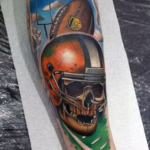 Colored skull with helmet tattoo