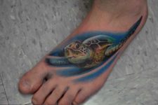 Colorful turtle tattoo on the foot